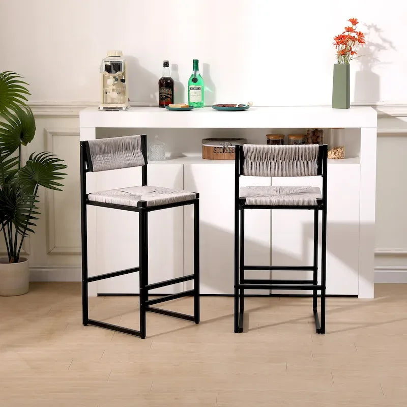 Barhocker (2er-Set), Esszimmerstühle mit Rückenlehne aus Papierschnurgeflecht, handgeflochtene Hocker für Kücheninsel, Bar und Theke