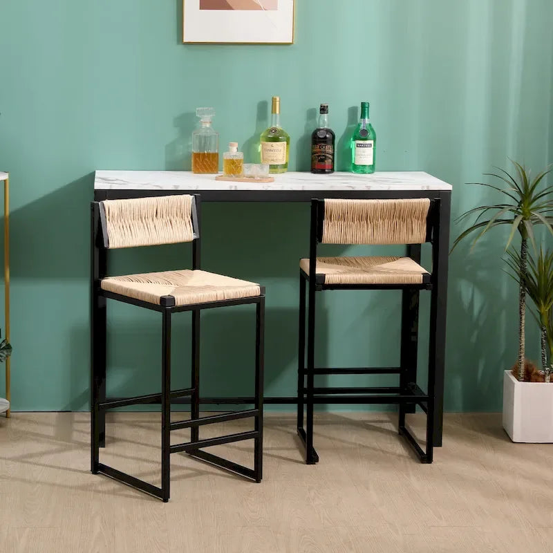 Barhocker (2er-Set), Esszimmerstühle mit Rückenlehne aus Papierschnurgeflecht, handgeflochtene Hocker für Kücheninsel, Bar und Theke