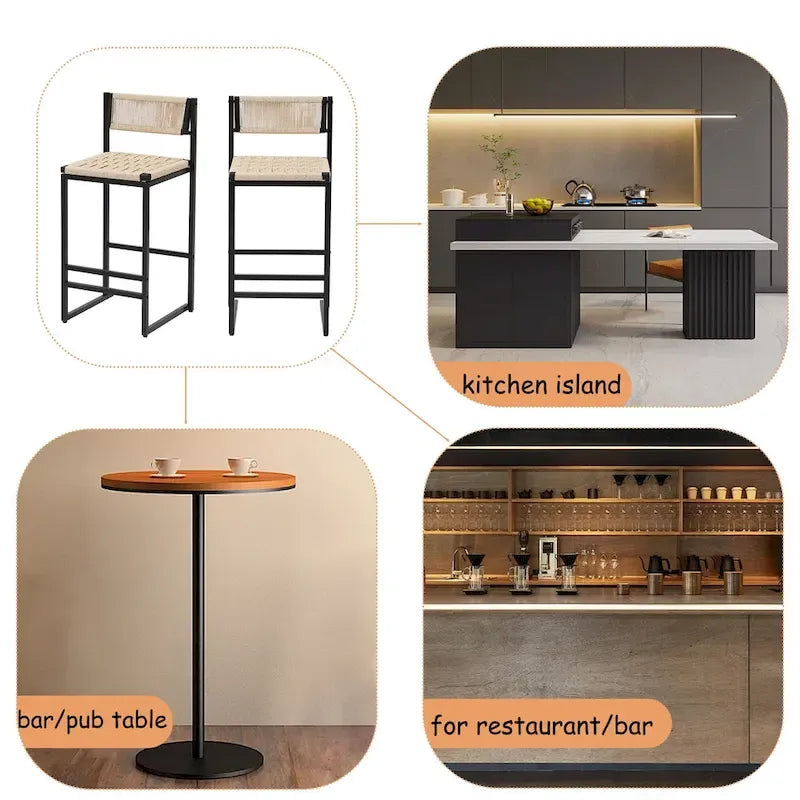 Barhocker (2er-Set), Esszimmerstühle mit Rückenlehne aus Papierschnurgeflecht, handgeflochtene Hocker für Kücheninsel, Bar und Theke