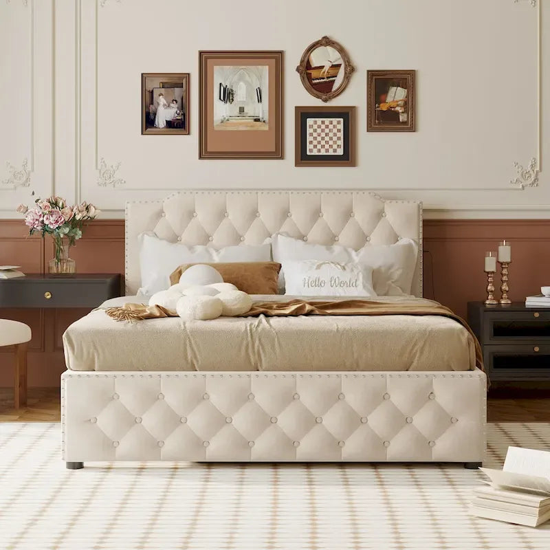 Gepolstertes Plattformbett in Queen-Size-Größe mit Ausziehbett in Twin-Size-Größe und 2 USB-Anschlüssen auf jeder Seite, Leinenstoff, Beige