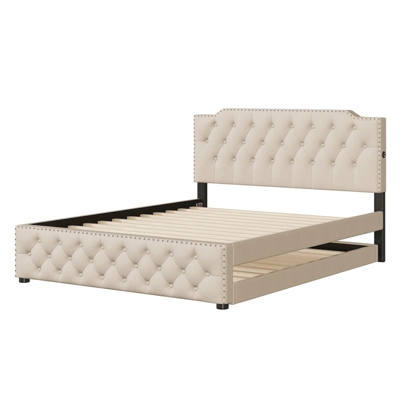 Gepolstertes Plattformbett in Queen-Size-Größe mit Ausziehbett in Twin-Size-Größe und 2 USB-Anschlüssen auf jeder Seite, Leinenstoff, Beige