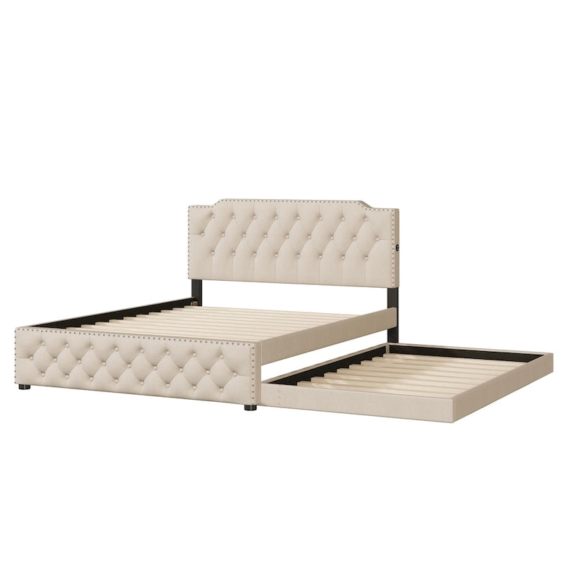 Gepolstertes Plattformbett in Queen-Size-Größe mit Ausziehbett in Twin-Size-Größe und 2 USB-Anschlüssen auf jeder Seite, Leinenstoff, Beige