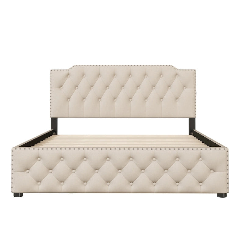 Gepolstertes Plattformbett in Queen-Size-Größe mit Ausziehbett in Twin-Size-Größe und 2 USB-Anschlüssen auf jeder Seite, Leinenstoff, Beige