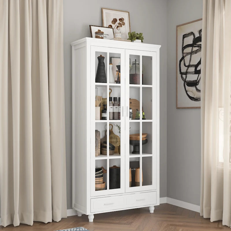 Weißes Bücherregal mit Glastüren, Vitrine und Bücherregal-Organizer - 70.9Hx36.2W