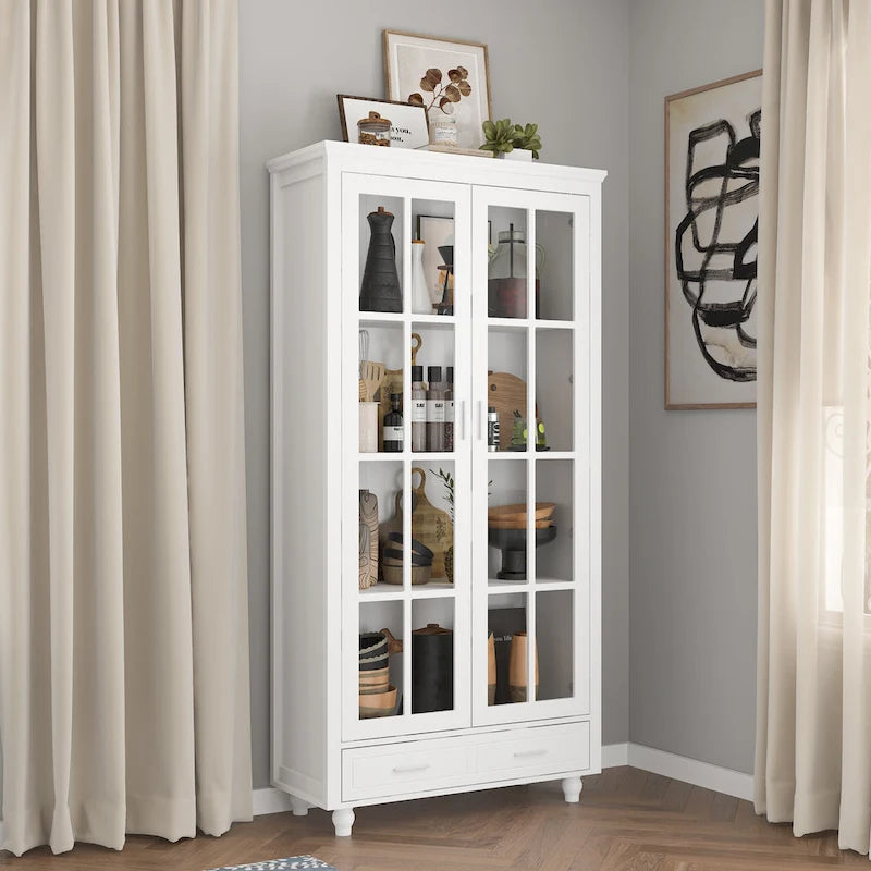 Weißes Bücherregal mit Glastüren, Vitrine und Bücherregal-Organizer - 70.9Hx36.2W