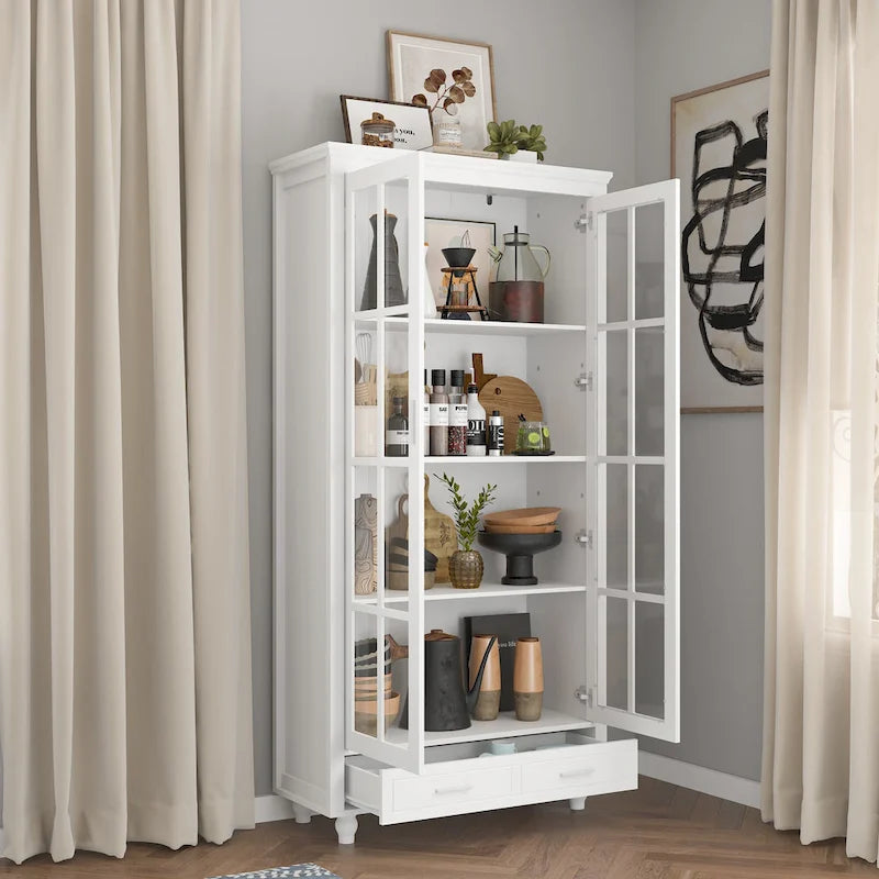 Weißes Bücherregal mit Glastüren, Vitrine und Bücherregal-Organizer - 70.9Hx36.2W