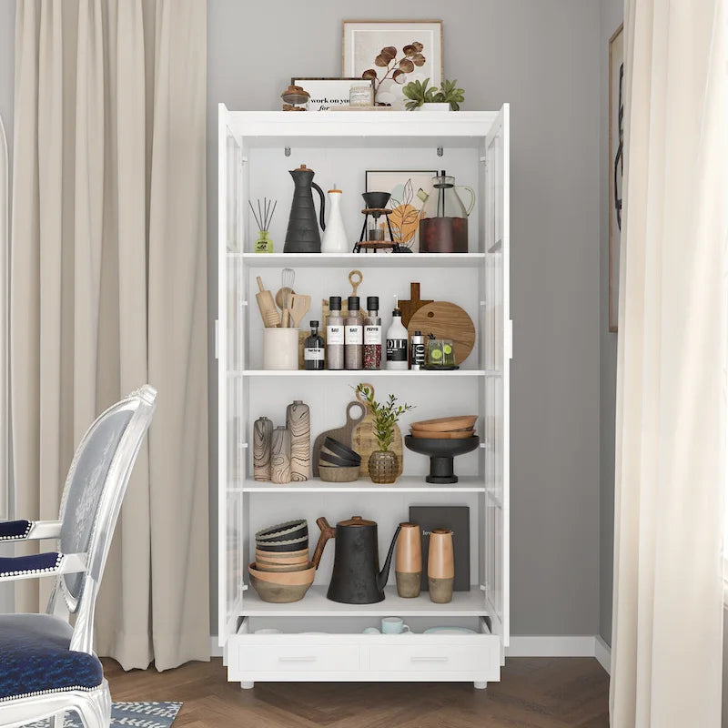 Weißes Bücherregal mit Glastüren, Vitrine und Bücherregal-Organizer - 70.9Hx36.2W