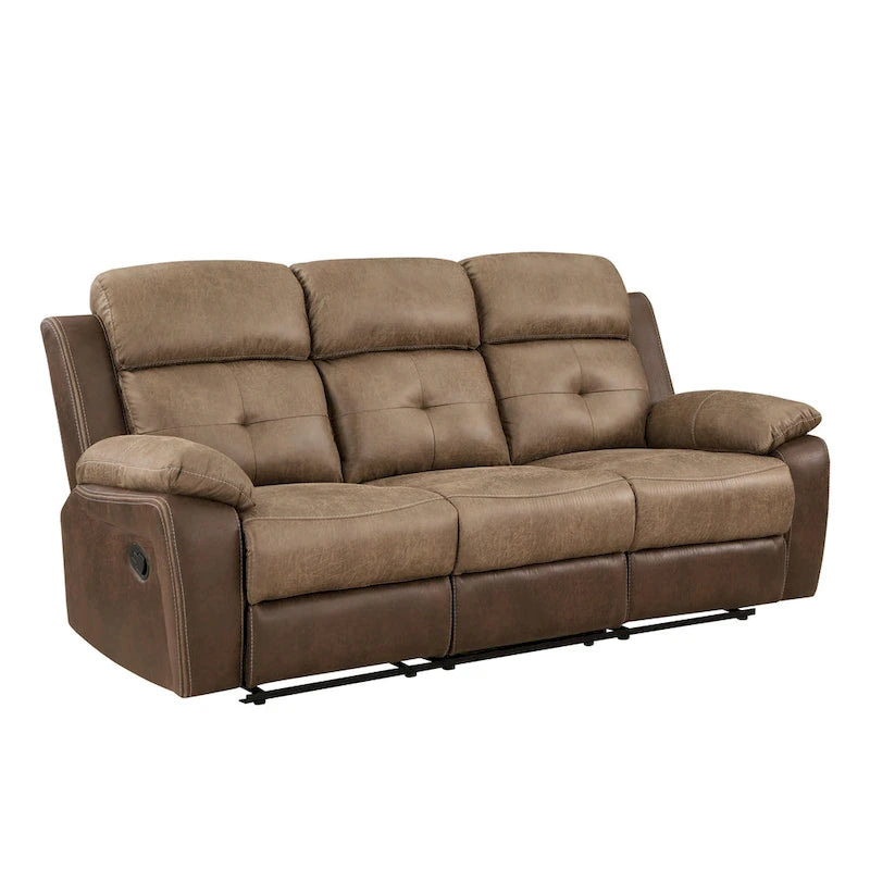 84-Zoll-Sofa mit zwei manuellen Relaxfunktionen, weiche braune Mikrofaser, Massivholz