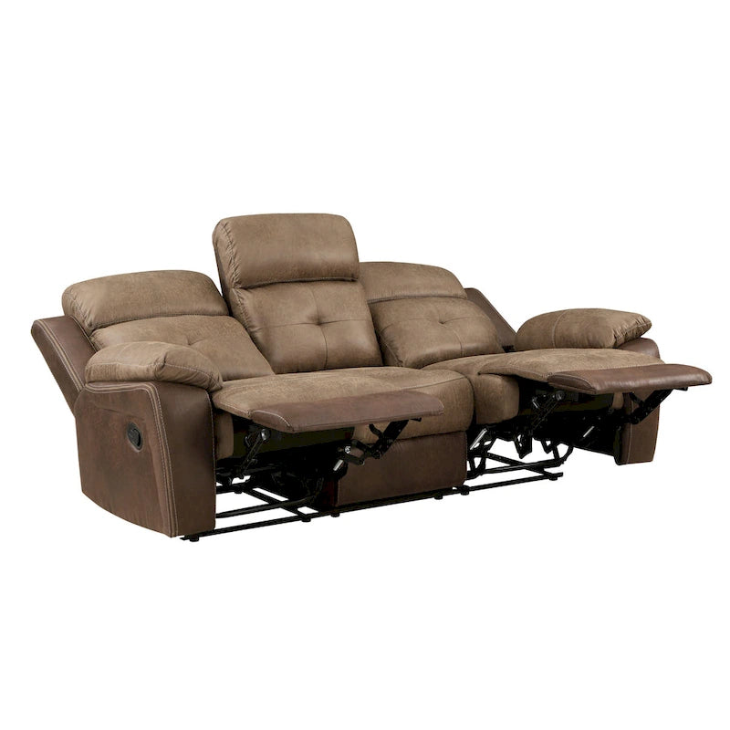 84-Zoll-Sofa mit zwei manuellen Relaxfunktionen, weiche braune Mikrofaser, Massivholz